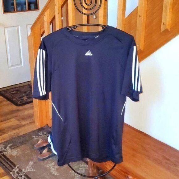 Adidas Climalite Logo Black w/ White Stripes Short Sleeve Athletic Sz. L Shirt - Picture 1 of 10